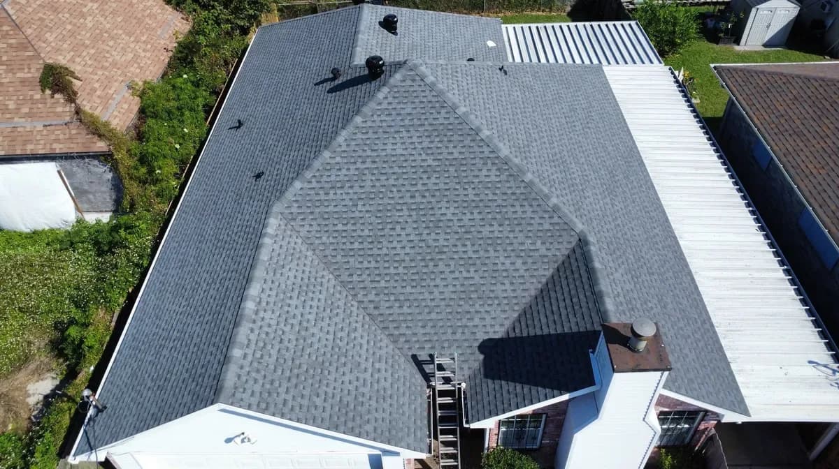Completed architectural shingle roof photographed from above