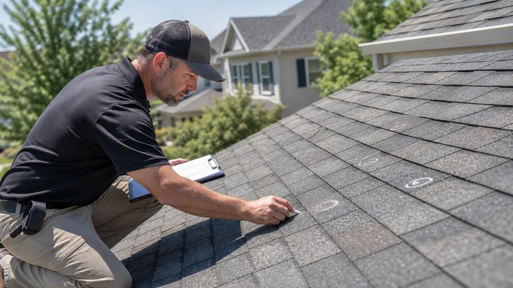 Insurance adjuster documenting roof conditions during an exterior inspection