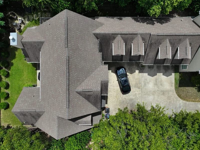 Aerial view of a completed shingle roof