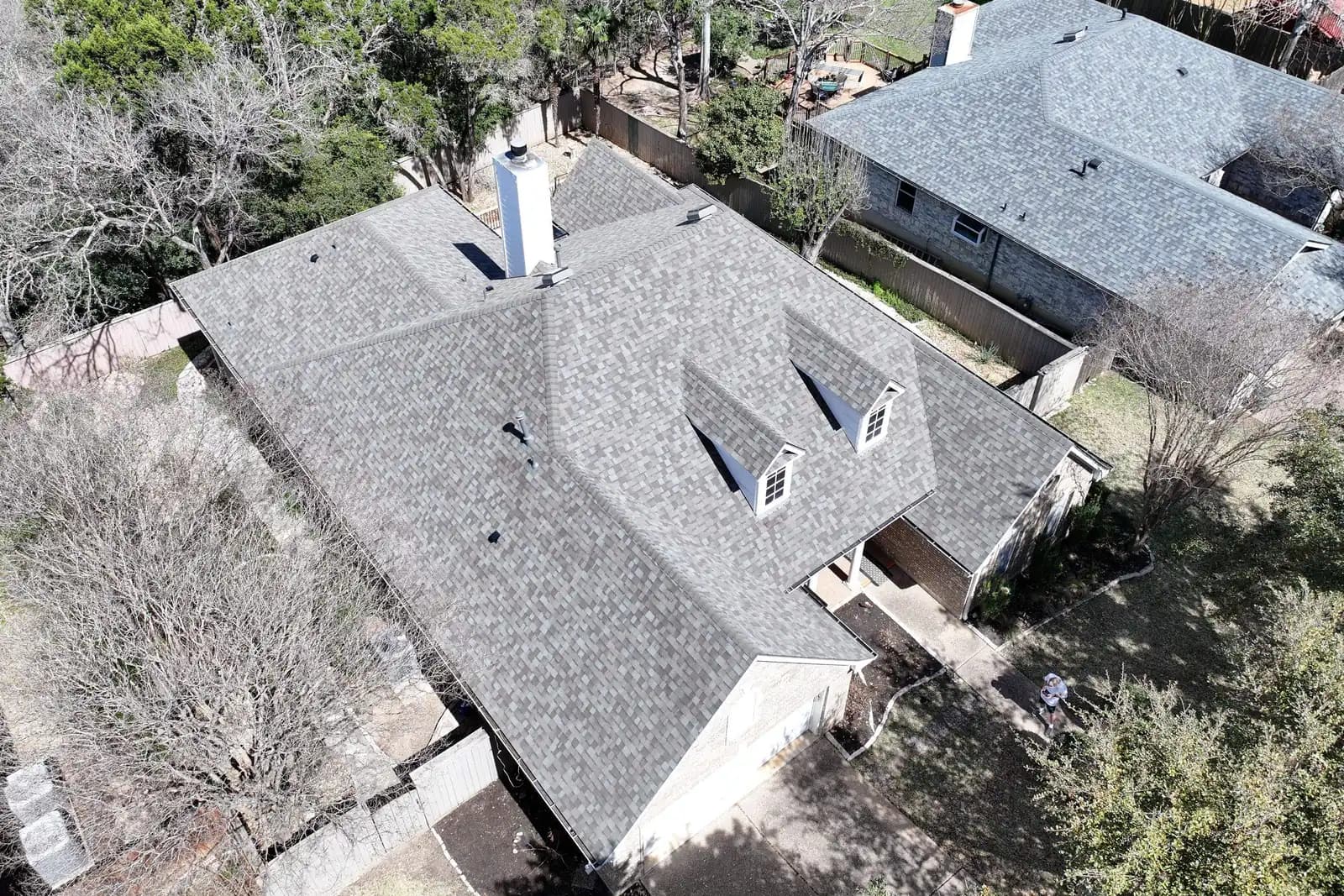 Aerial view of a completed shingle roof