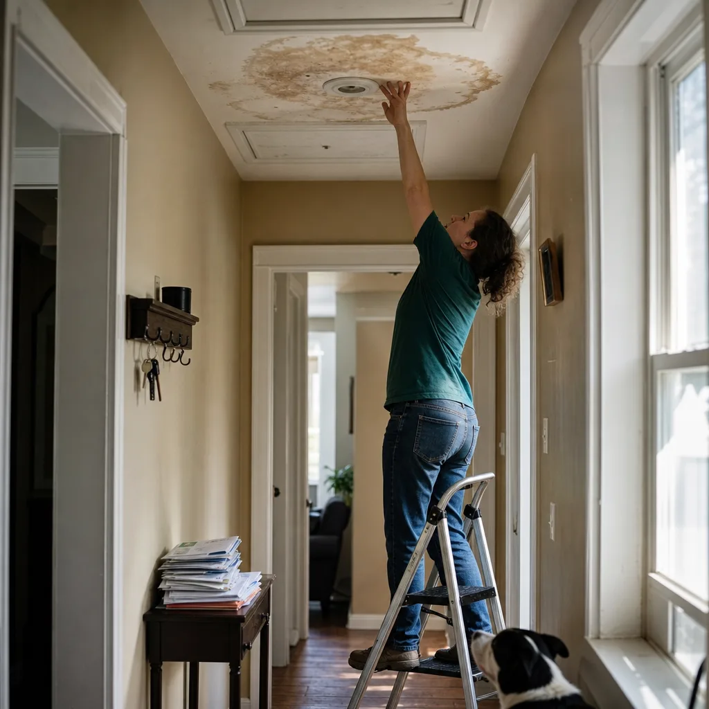 Homeowner inspecting recurring ceiling water stain from previous roof repair in Austin home