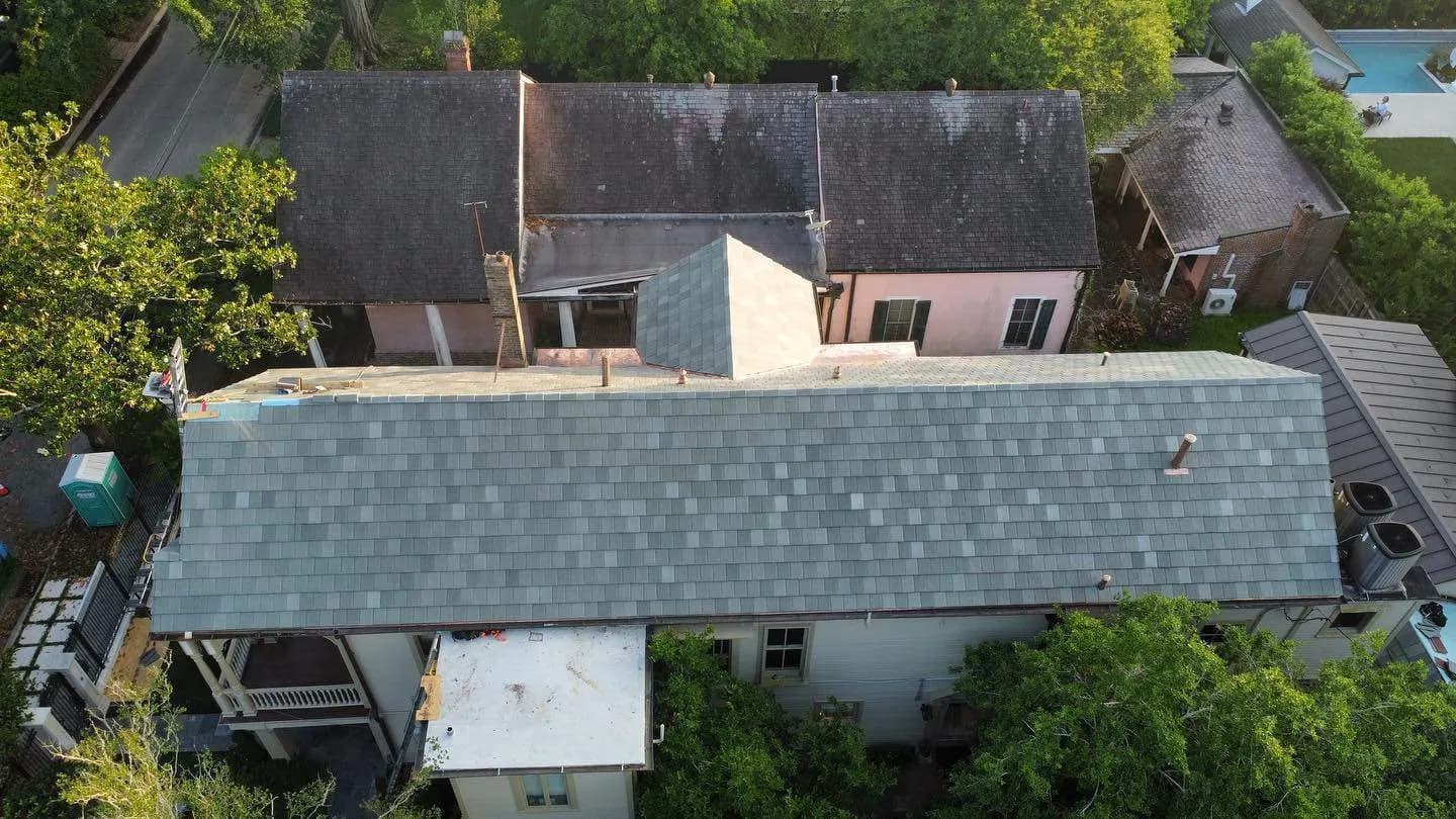 Aerial view of slate roofs on historic homes