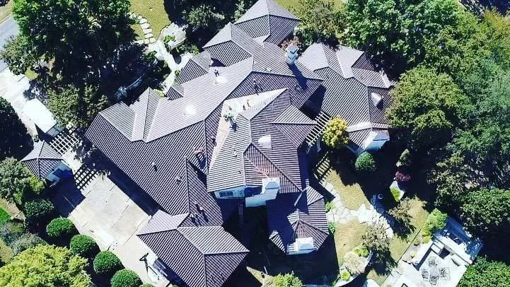 Ludowici clay tile roof with hip and ridge detail, aerial view