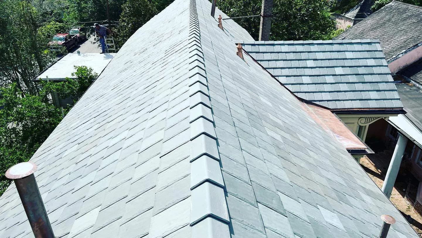 Slate ridge with copper caps, close-up detail
