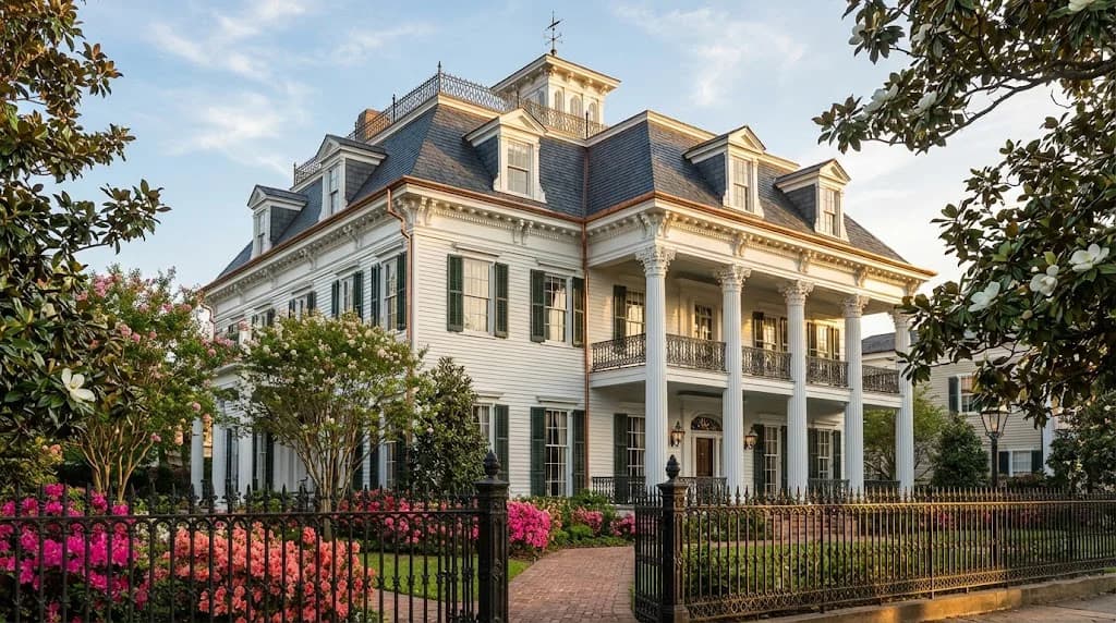 Historic residence with white lap siding, deep porches, and landscaped grounds