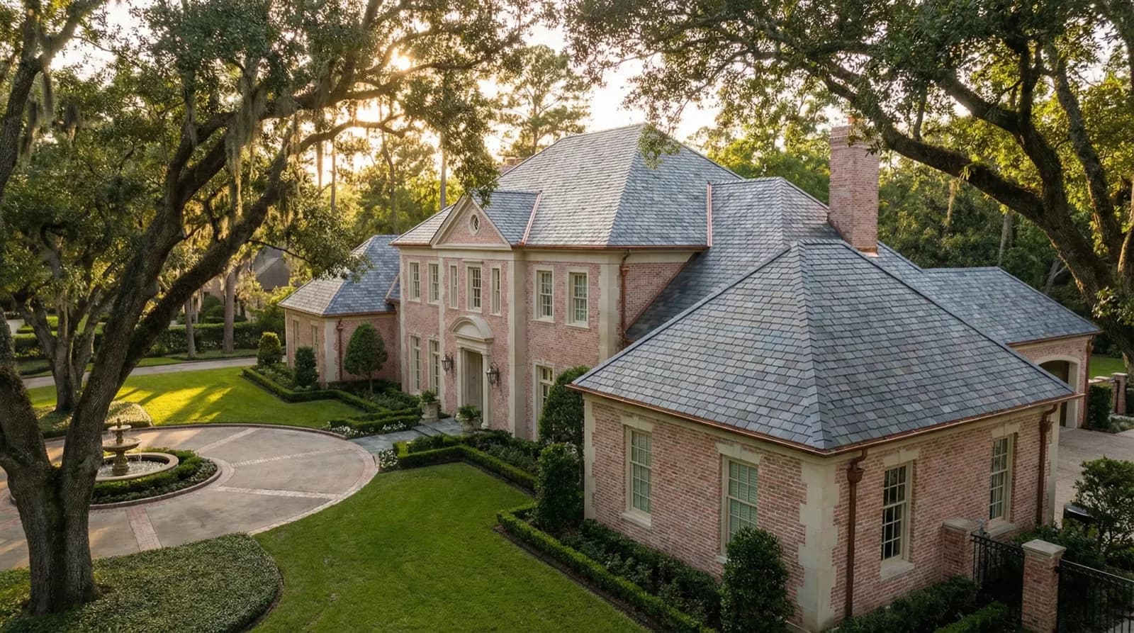 Large residence with a steep slate roof and mature landscaping