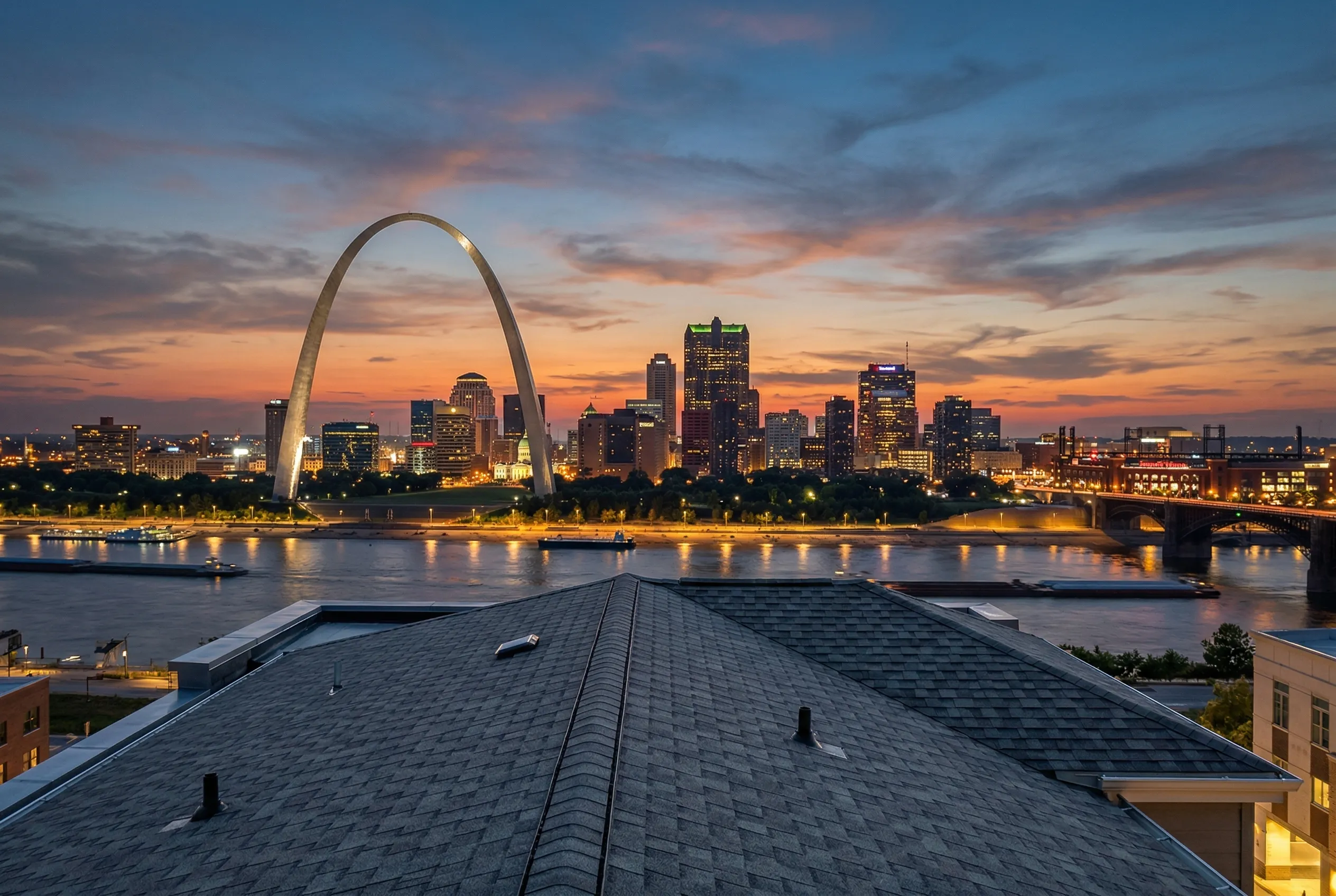 Residential roof and neighborhood in the St. Louis area