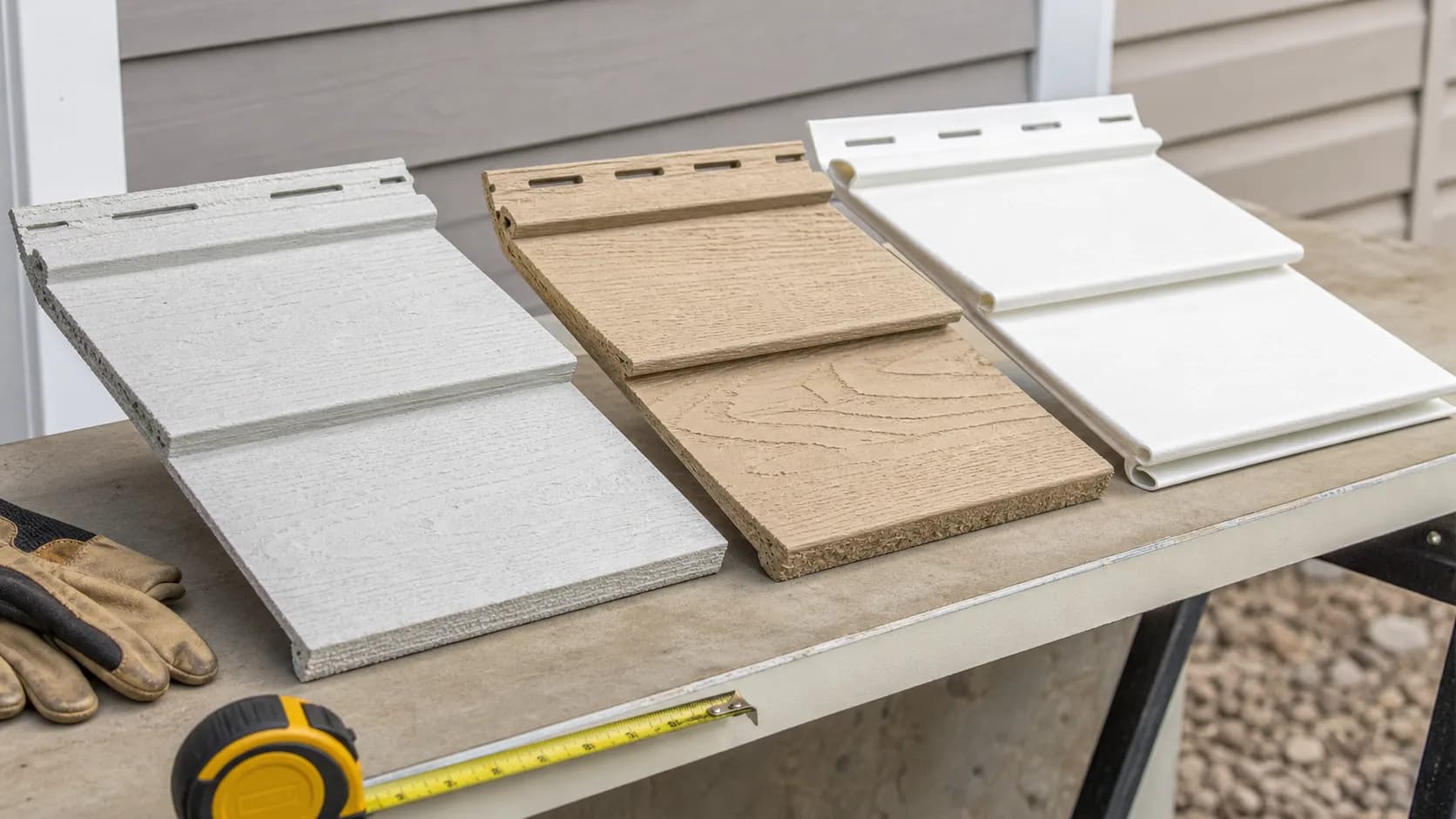 Fiber cement, engineered wood, and vinyl siding samples arranged for comparison