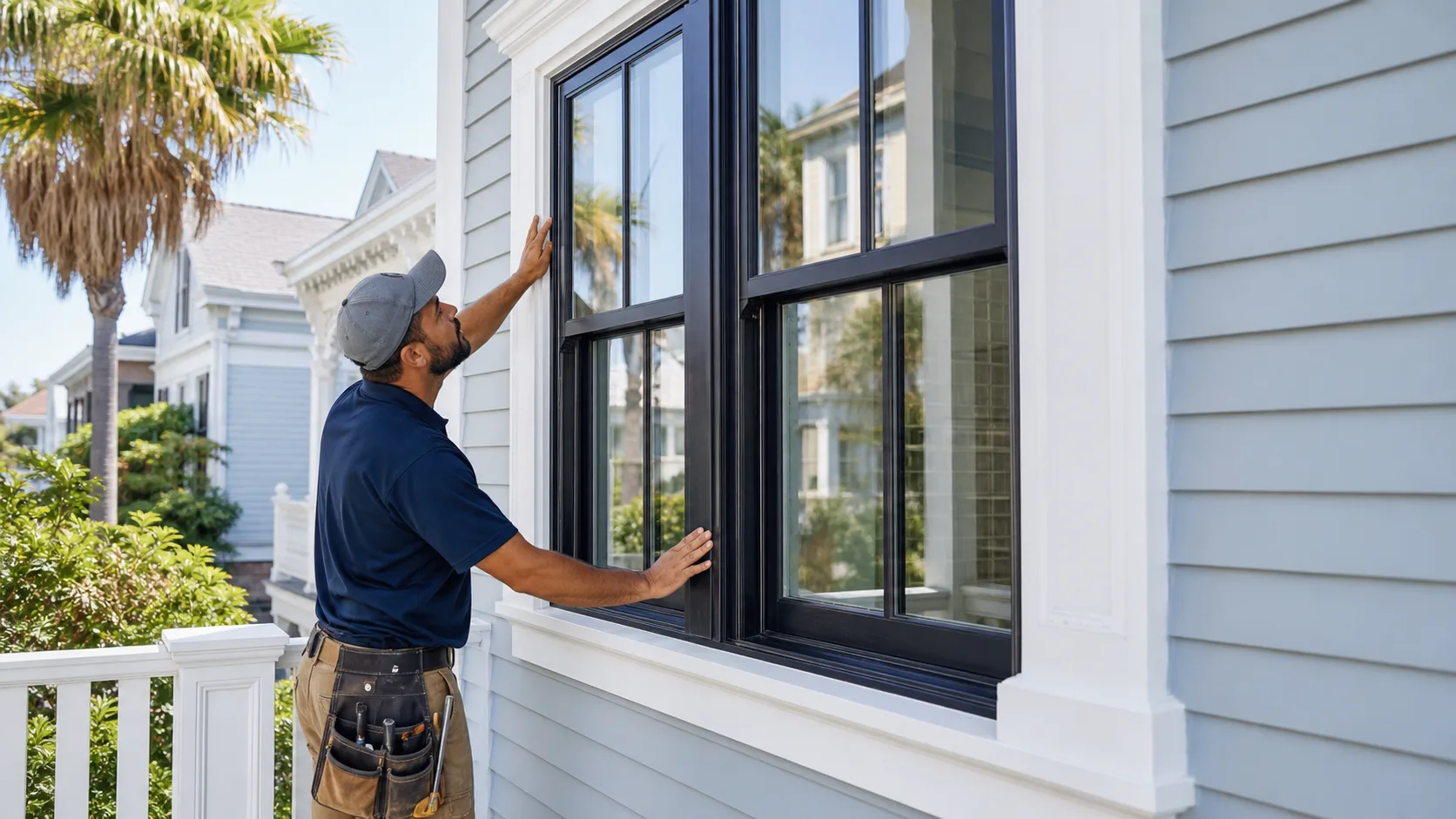 Installer checking black-framed windows on a coastal-style home