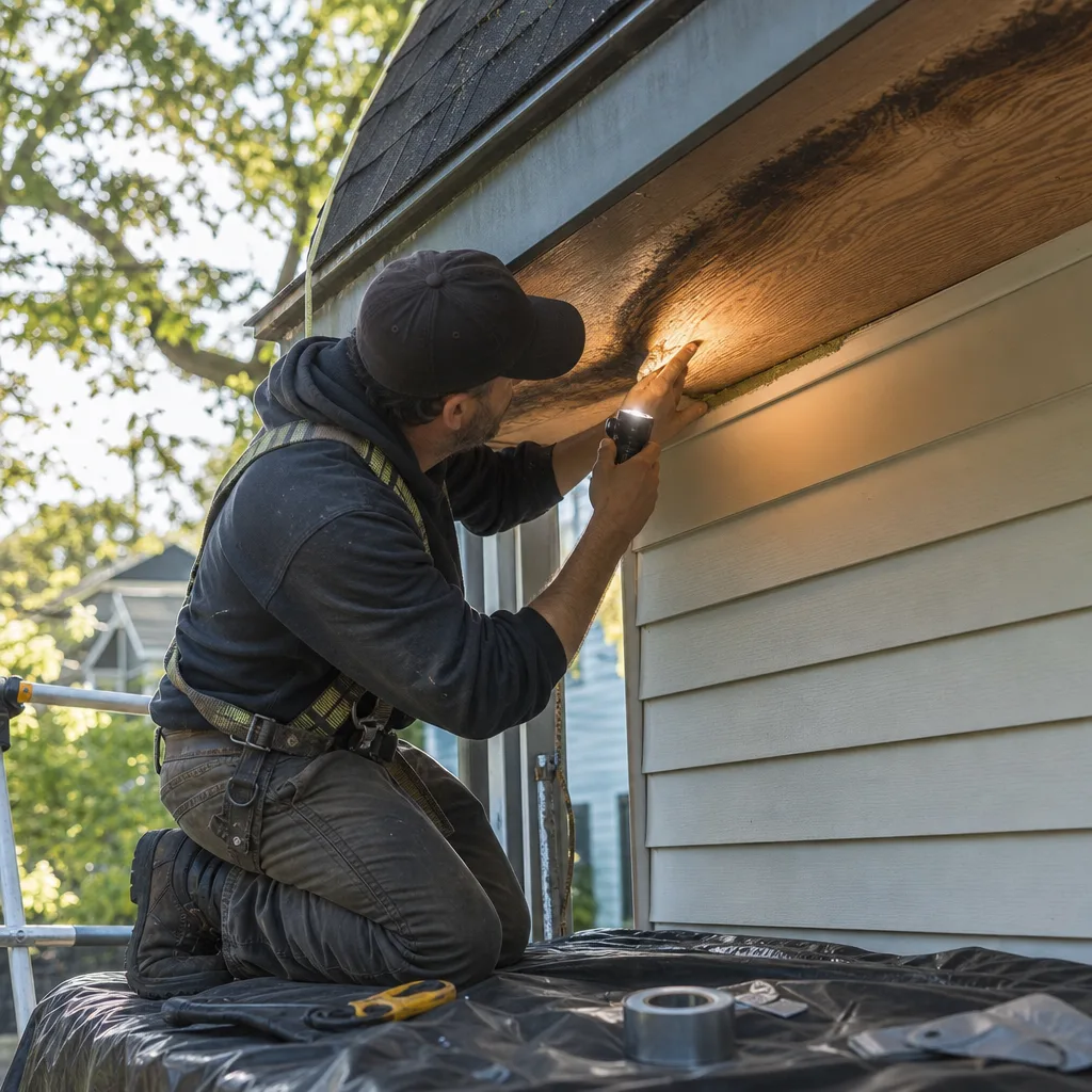 Contractor tracing water path along porch roof decking in Maryland Heights repair