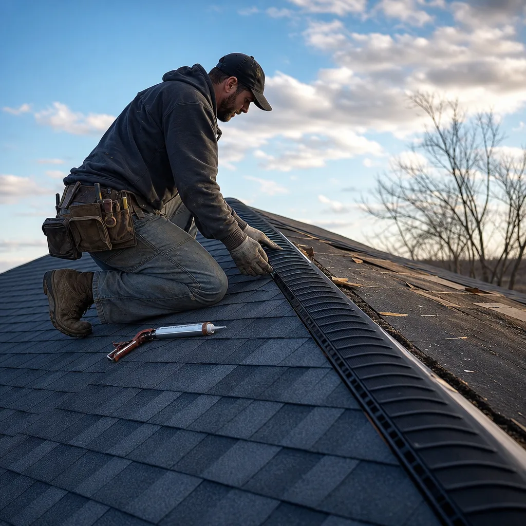 Contractor installing ridge vent for attic ventilation in Maryland Heights