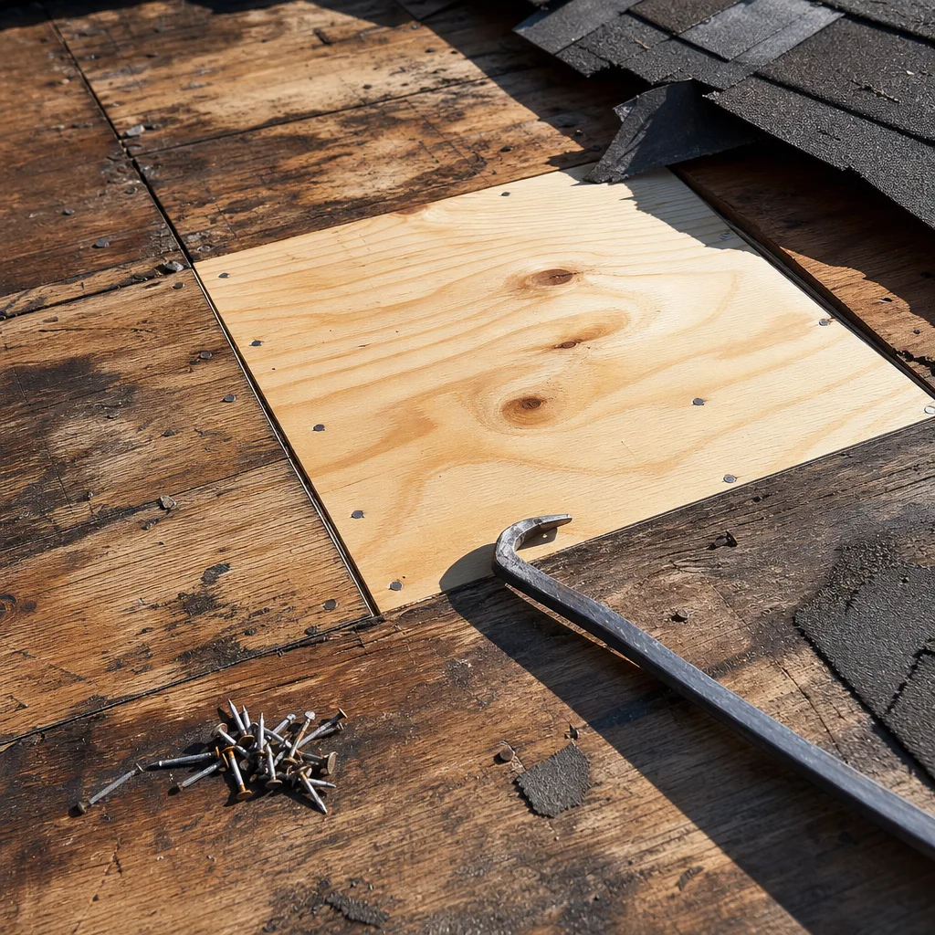 Close-up of roof decking allowance replacement on Maryland Heights home